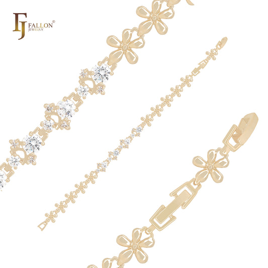 Flower mixed white CZs cluster 14K Gold Bracelets