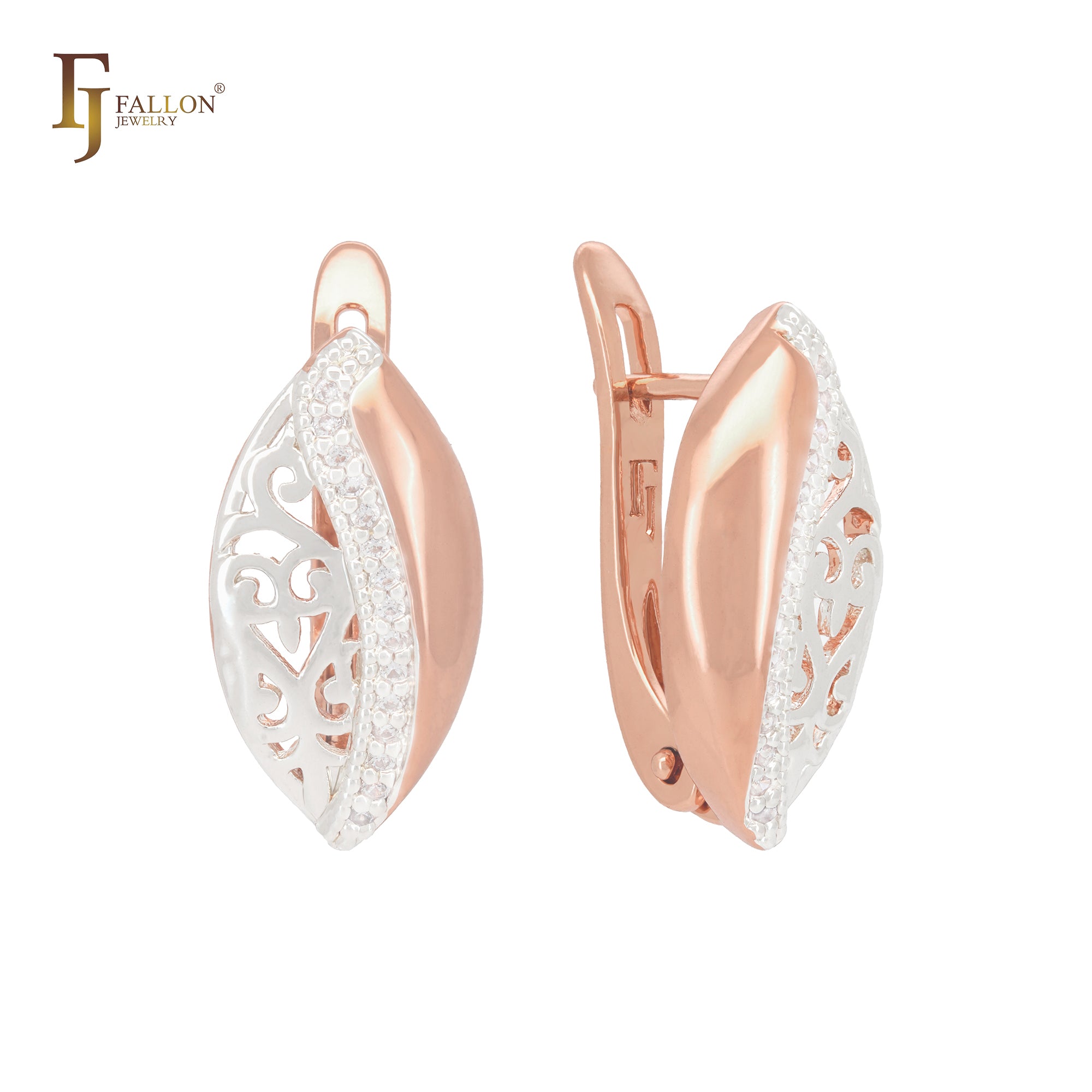 Oval leave split in half white CZs filigree Rose Gold two tone Clip-On Earrings