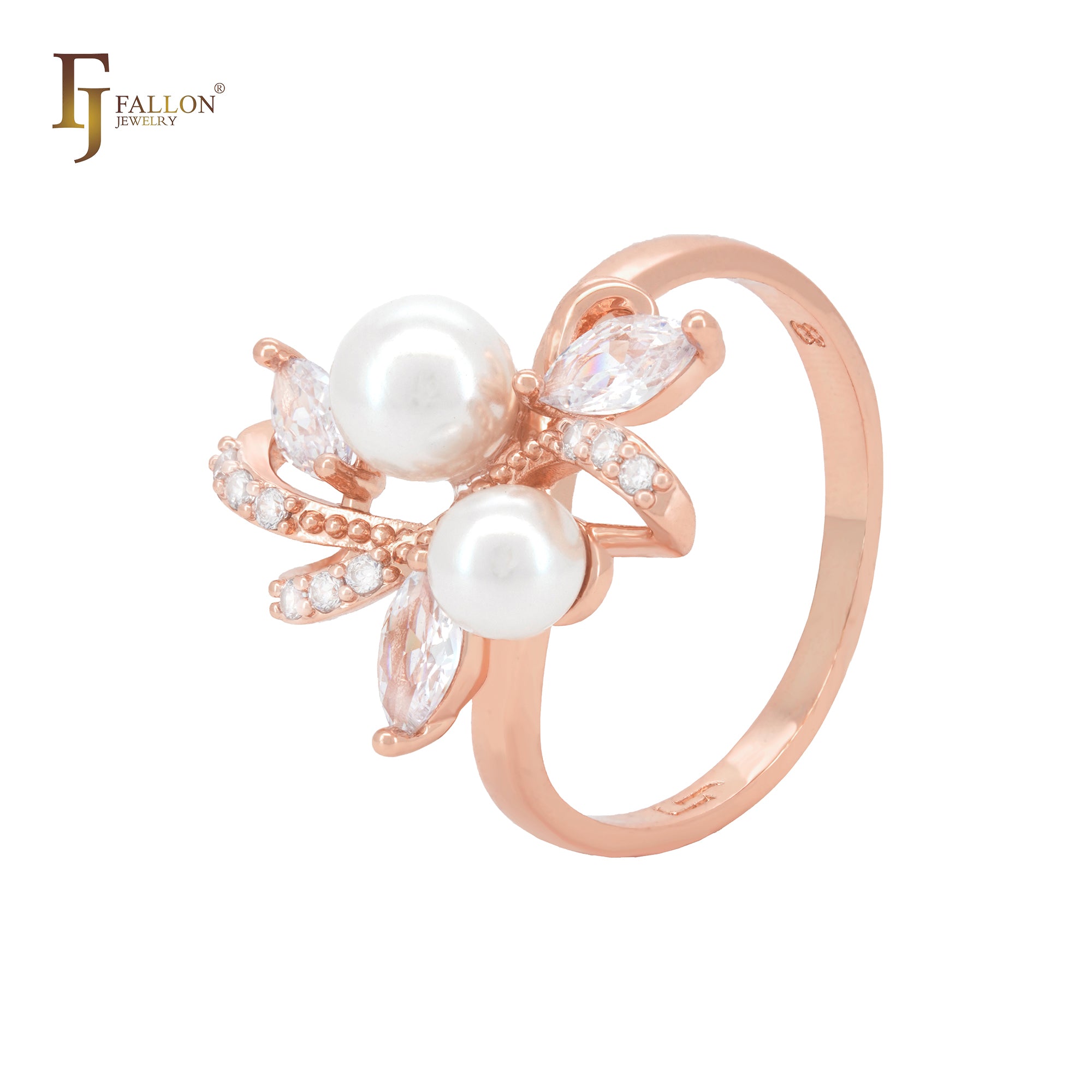 Luxurious pearls and white CZs Rose Gold Fashion Rings