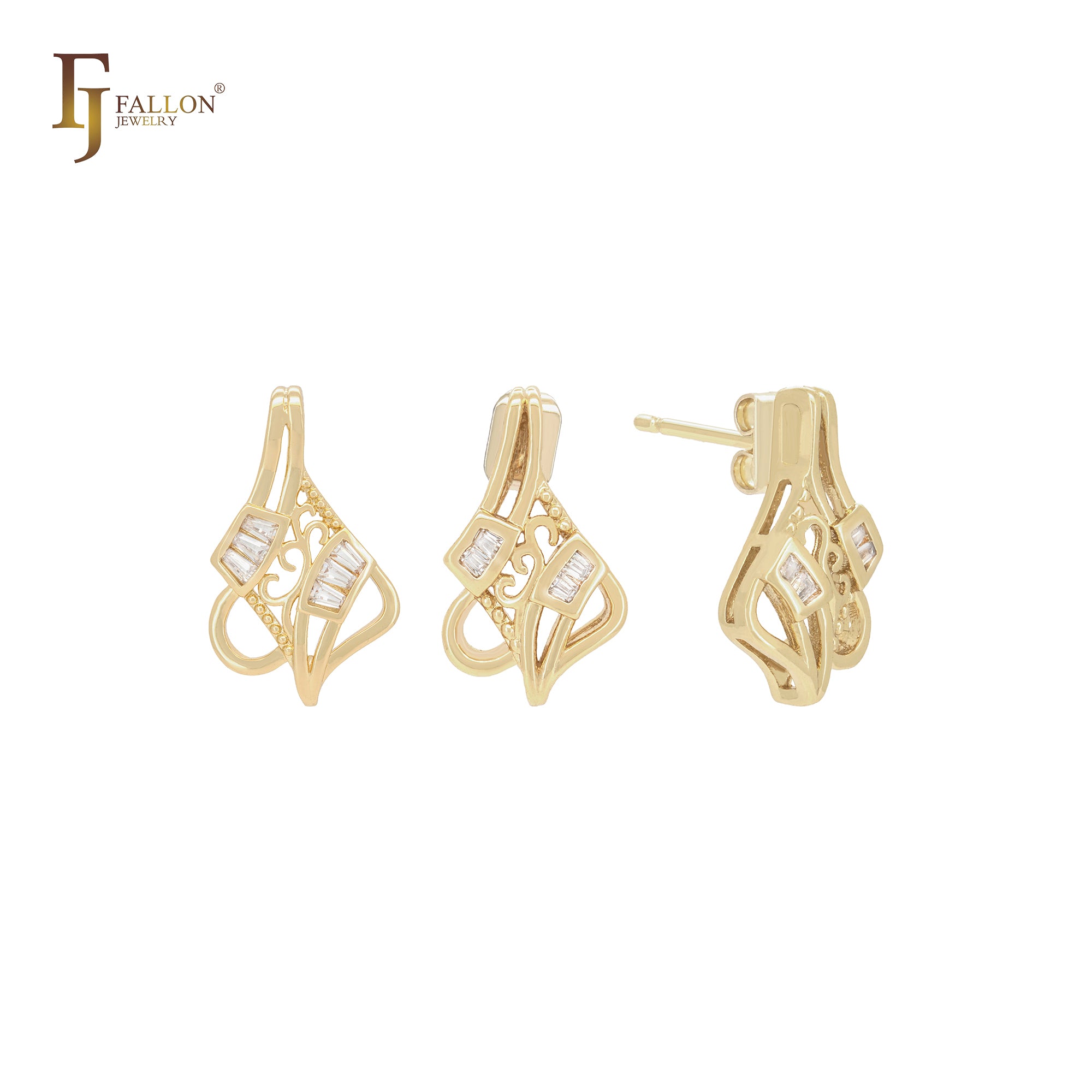 Interlocking wires of baguette white CZs 14K Gold Stud Earrings Jewelry Set with Pendant