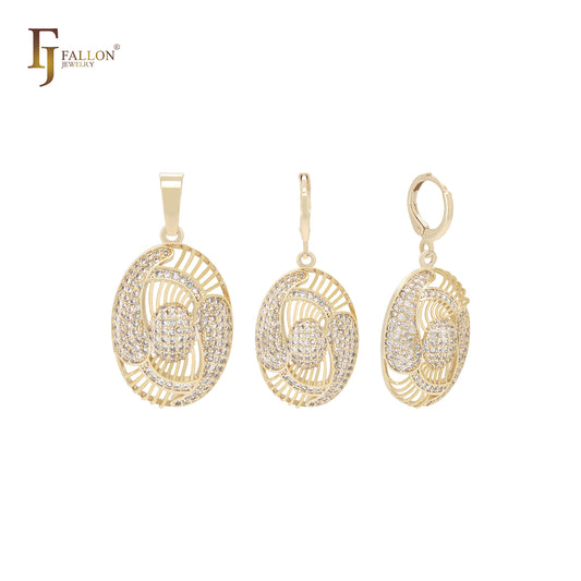 Oval filigree of white czs 14K Gold Jewelry Set with Pendant