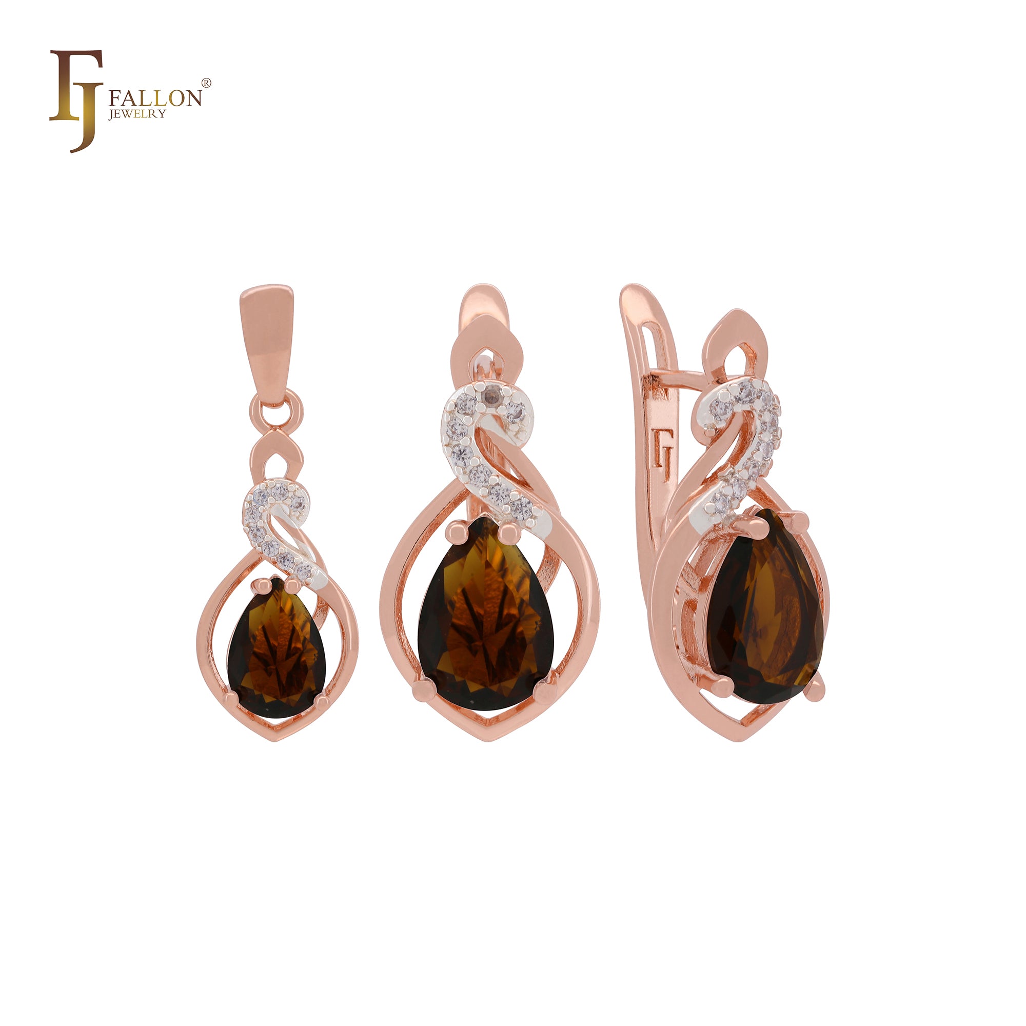 Solitaire pear shape Coffee CZ Rose Gold two tone Jewelry Set with Pendant