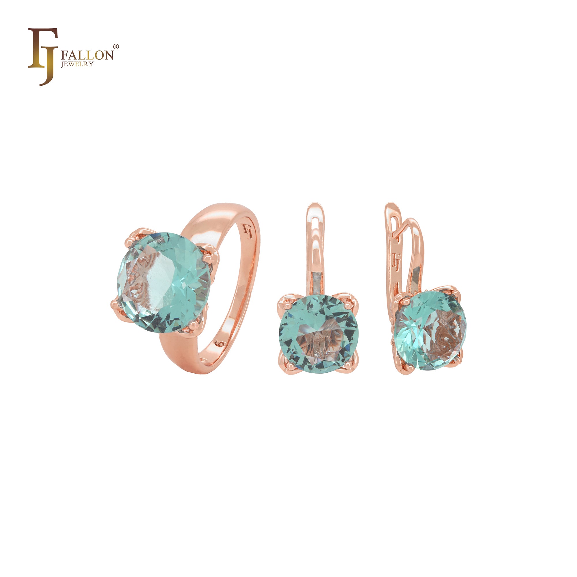 Elegant minimalism rounded solitaire clawed apple green CZ Rose Gold Jewelry Set with Rings