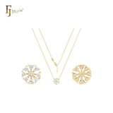 Octagon snowflake star of white CZs 14K Gold Necklace