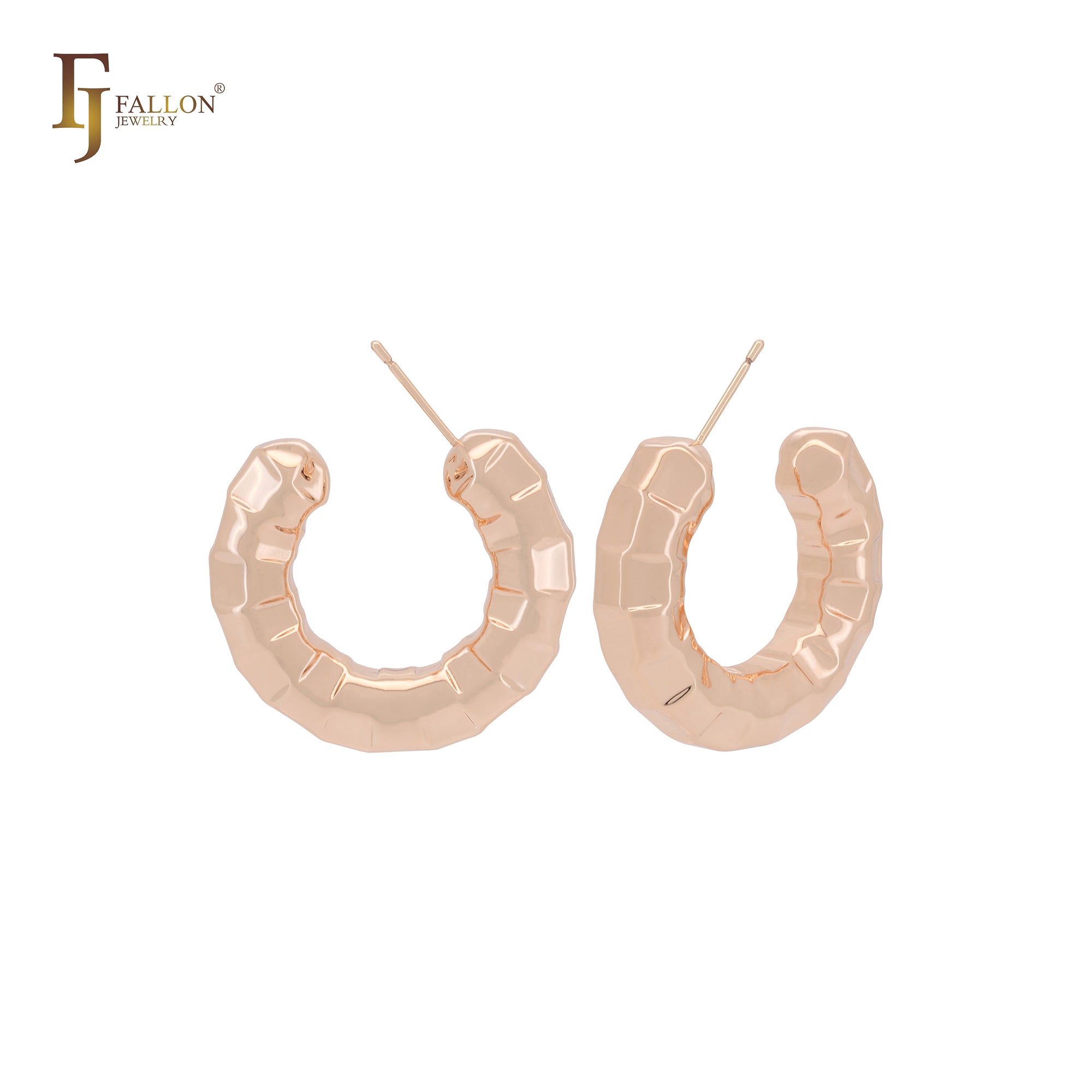 Nugget squared textured C hoop 14K Gold, Rose Gold, White Gold Stud Earrings