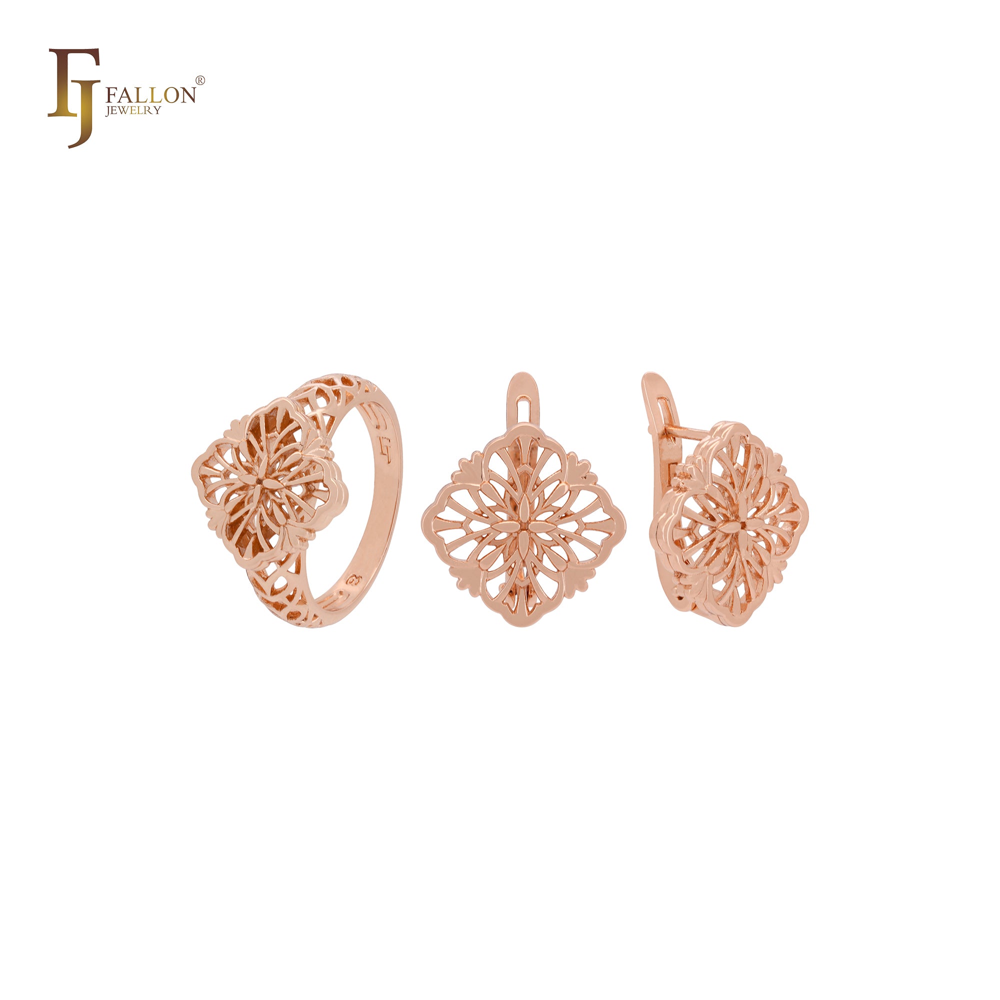 Double layers filigree flower Rose Gold Jewelry Set with Rings