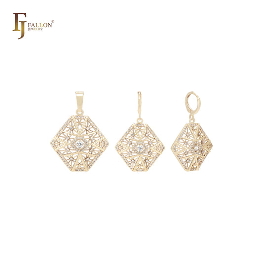 Tall Hexagon filigree of white CZs 14K Gold Jewelry Set with Pendant