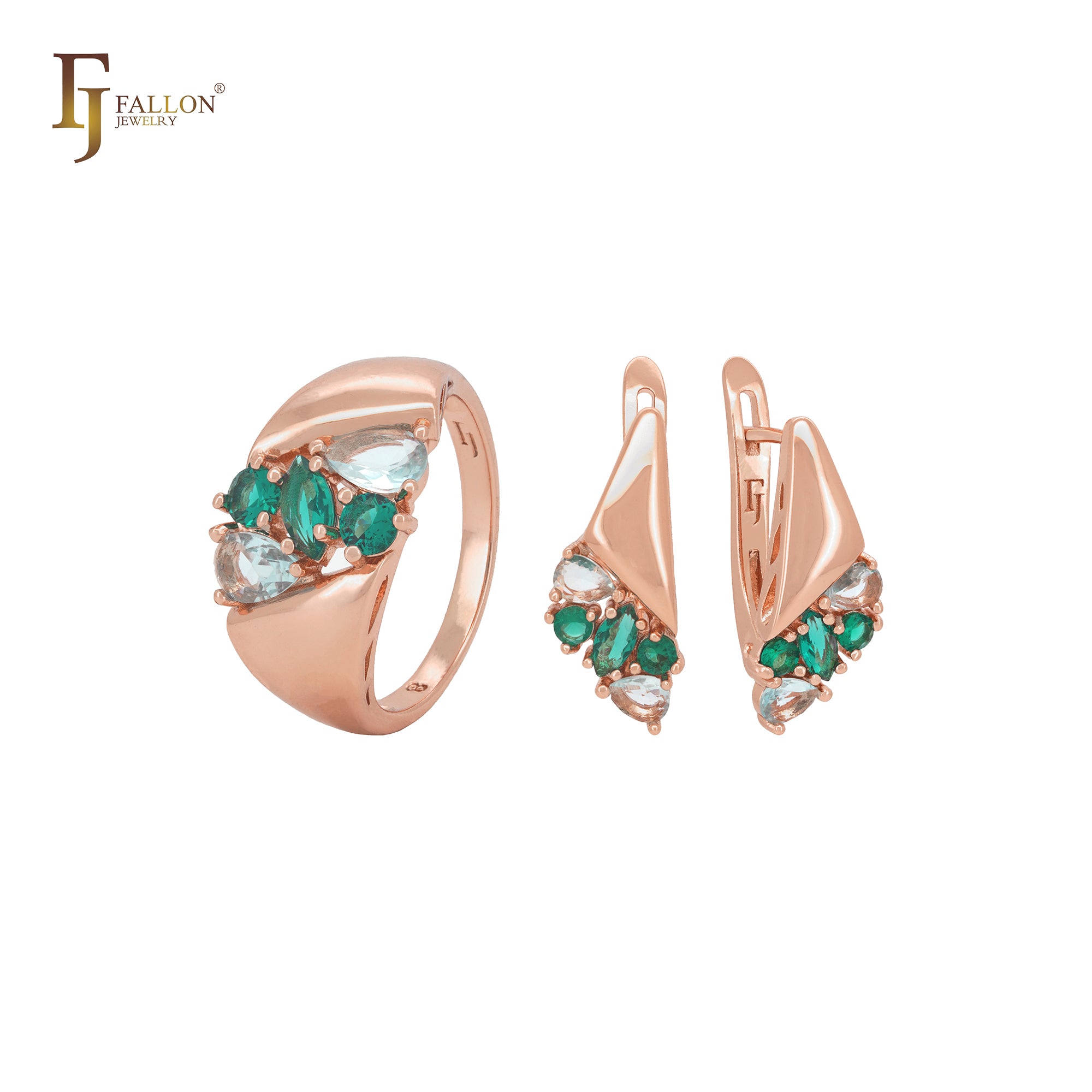 Luxurious white and green CZs cluster Rose Gold Jewelry Set