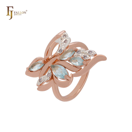 Cluster flower leaves of lake blue CZs luxurious Rose Gold two tone Fashion Rings