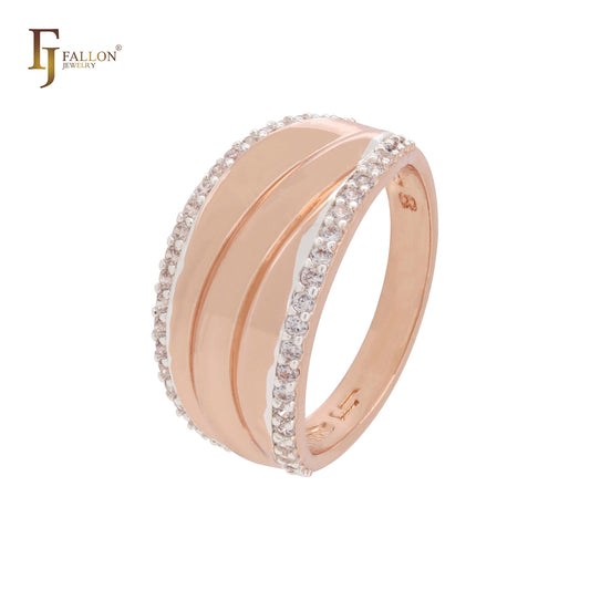 Wide bands with side paved white CZs Rose Gold two tone Fashion Rings