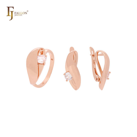 Thick ribbon curving white CZs Rose Gold Jewelry Set with Rings