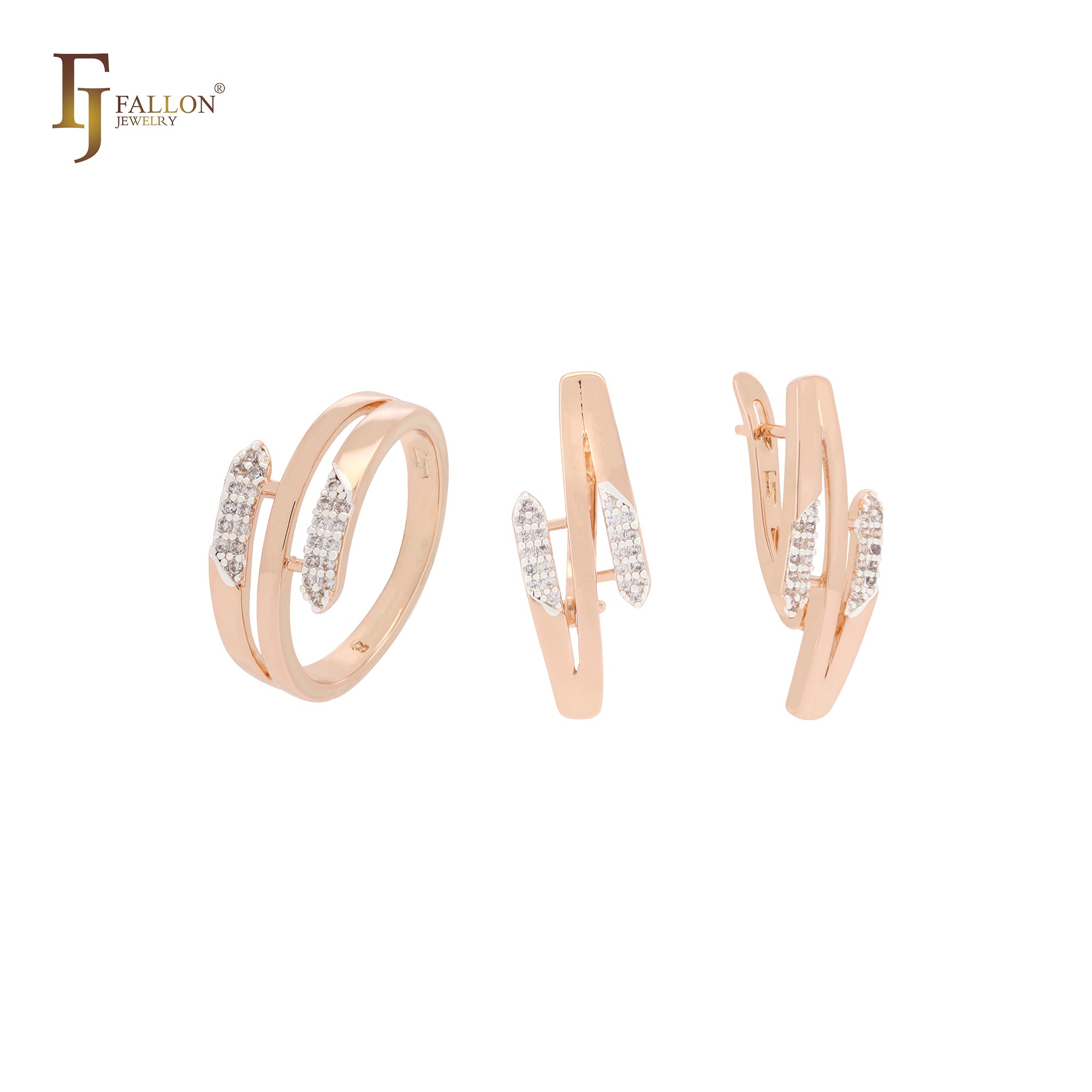 Triple rows of white CZs Rose Gold two tone Jewelry Set with Rings