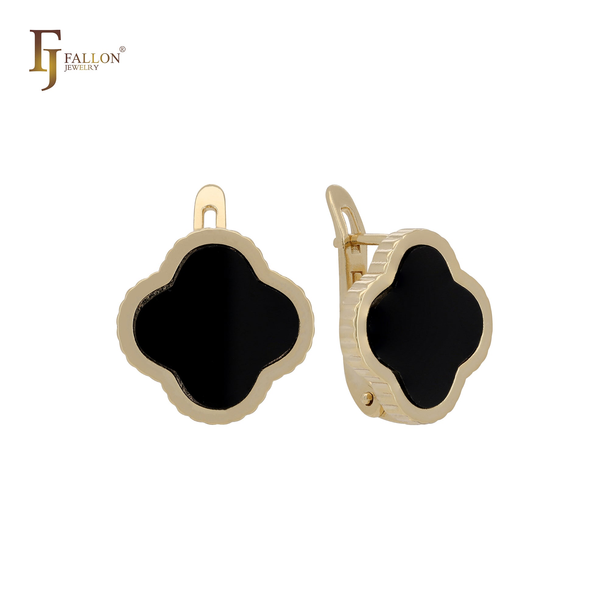 Lucky clover painted black 14K Gold Clip-On Earrings