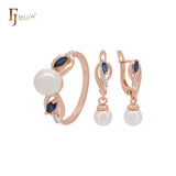 Solitaire pearl sided with lake blue white CZs Rose Gold two tone Jewelry Set with Rings