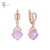 Dangling rhombus shape lake blue CZ with white CZs band Rose Gold Clip-On Earrings