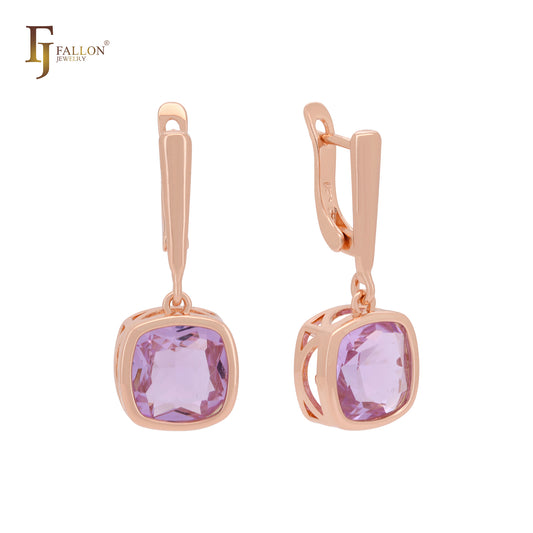 Solitaire cushion cut purple red CZ Rose Gold Clip-On Earrings