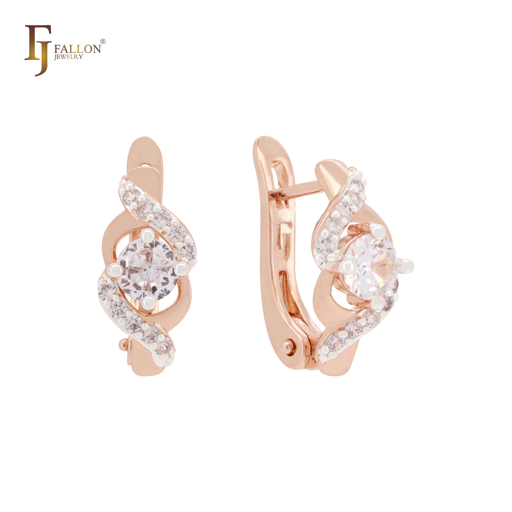 Solitaire white Czs of double twisted bands Rose Gold two tone Clip-On Earrings