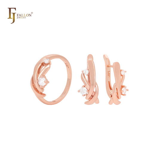 Twisted interlocking crossing ribbons with double white CZs Rose Gold Jewelry Set with Rings