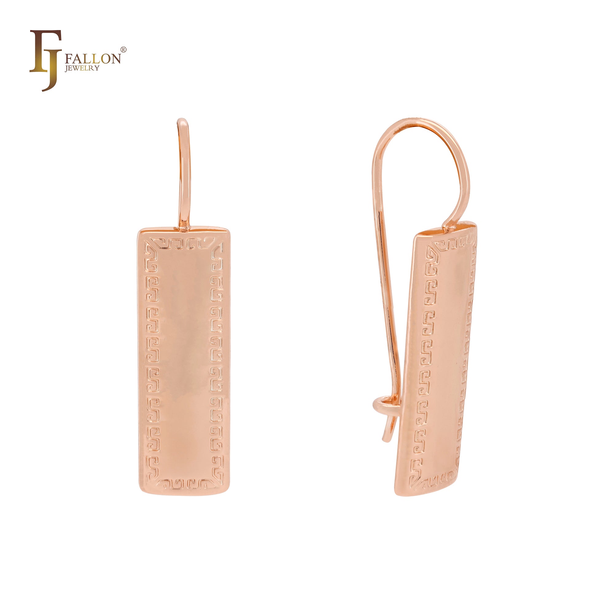 Half Greek key textured Rose Gold Wire Hook Earrings