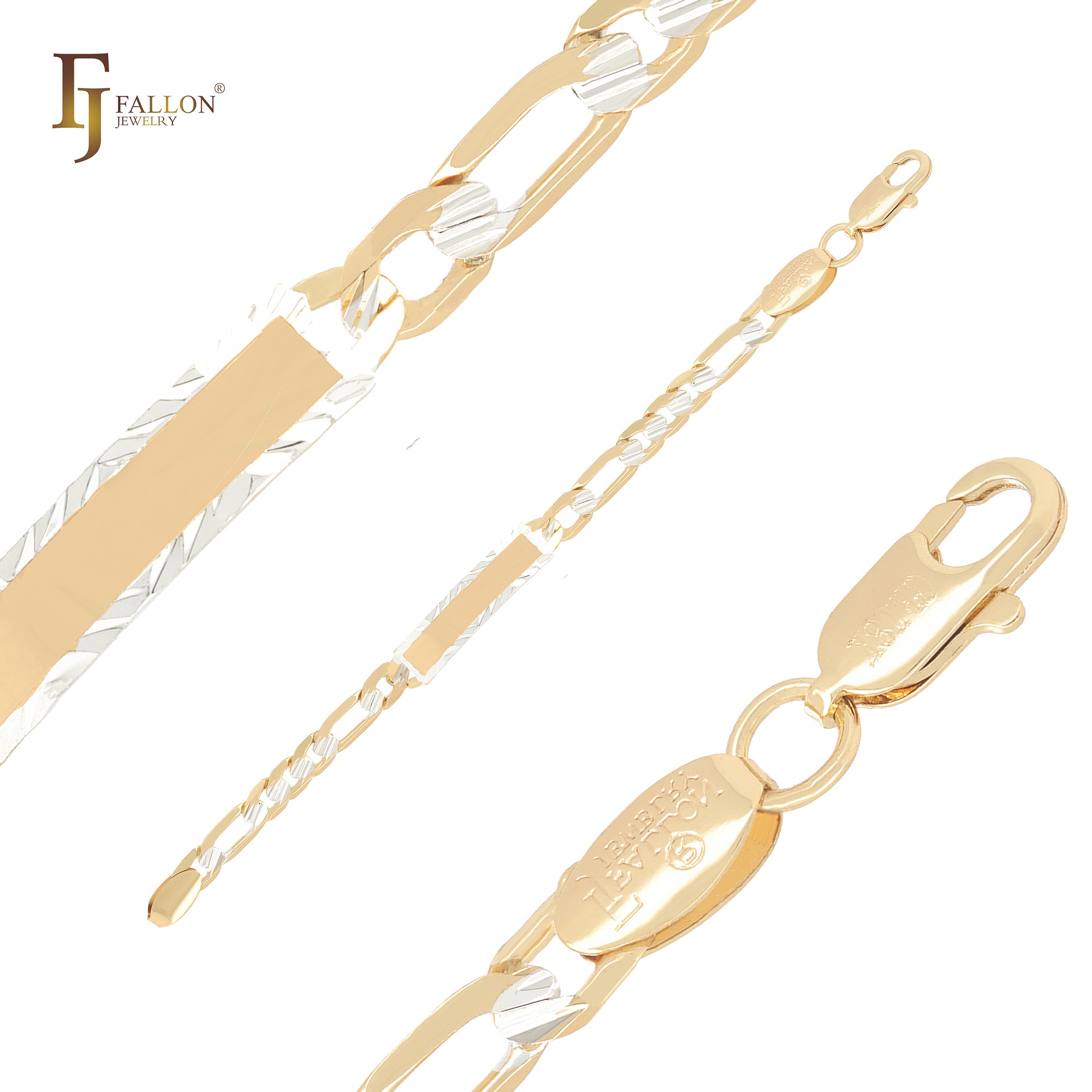 Figaro link slash hammered 14K Gold two tone Men's ID Bracelets