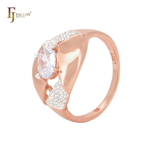 Oval hexagon with solitaire white CZ with Paved white Czs Rose Gold two tone Fashion Rings