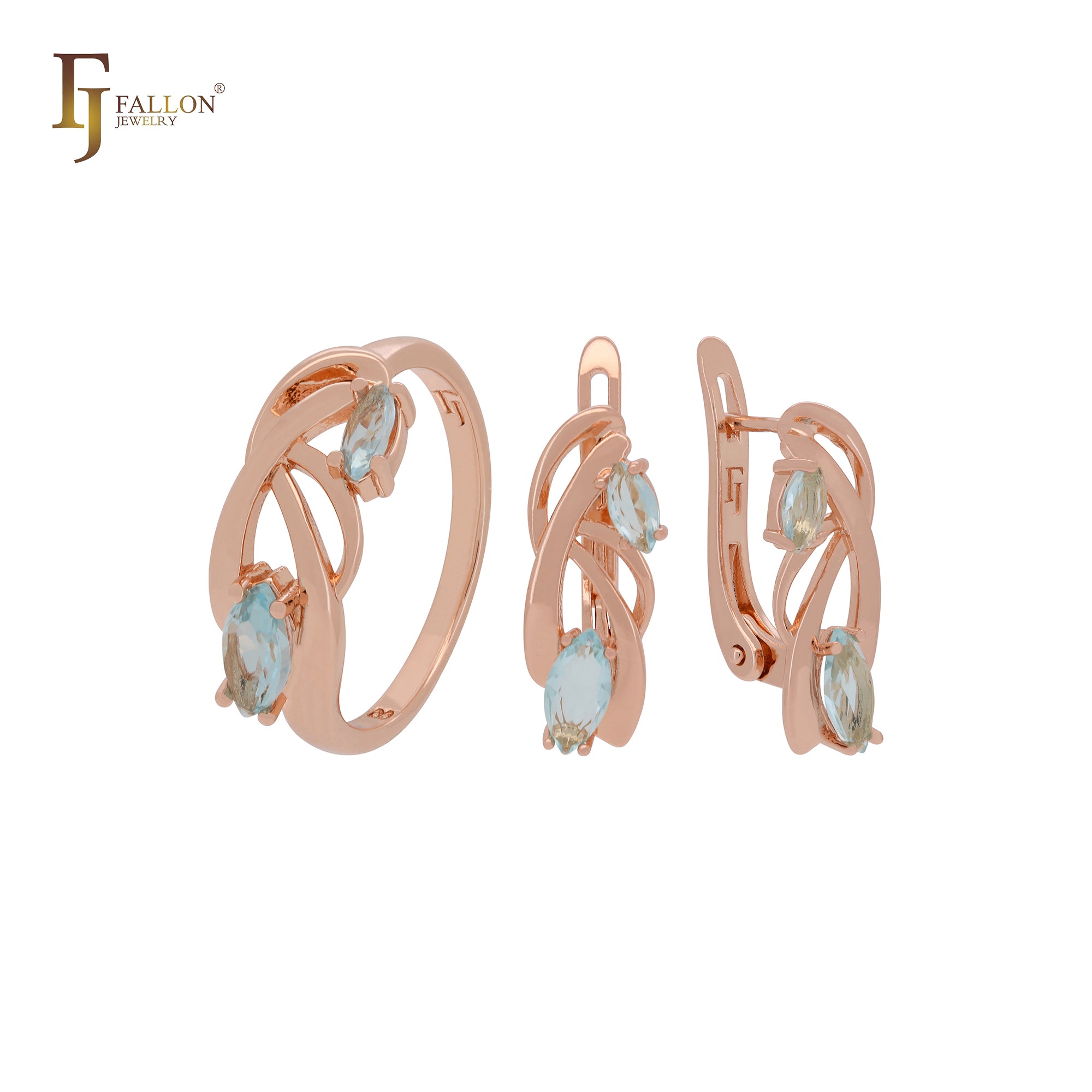 Branches of double lake blue Marquise CZs Rose Gold Jewelry Set with Earrings