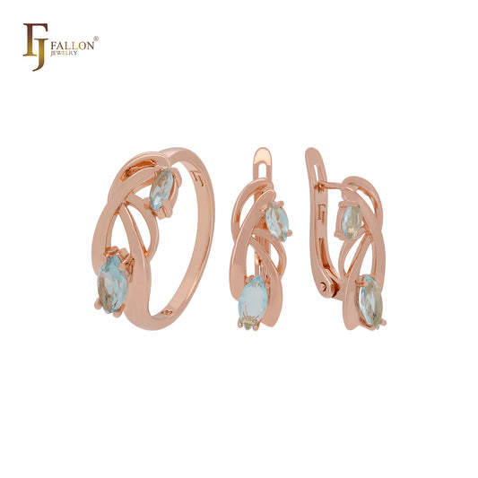 Branches of double lake blue Marquise CZs Rose Gold Jewelry Set with Earrings