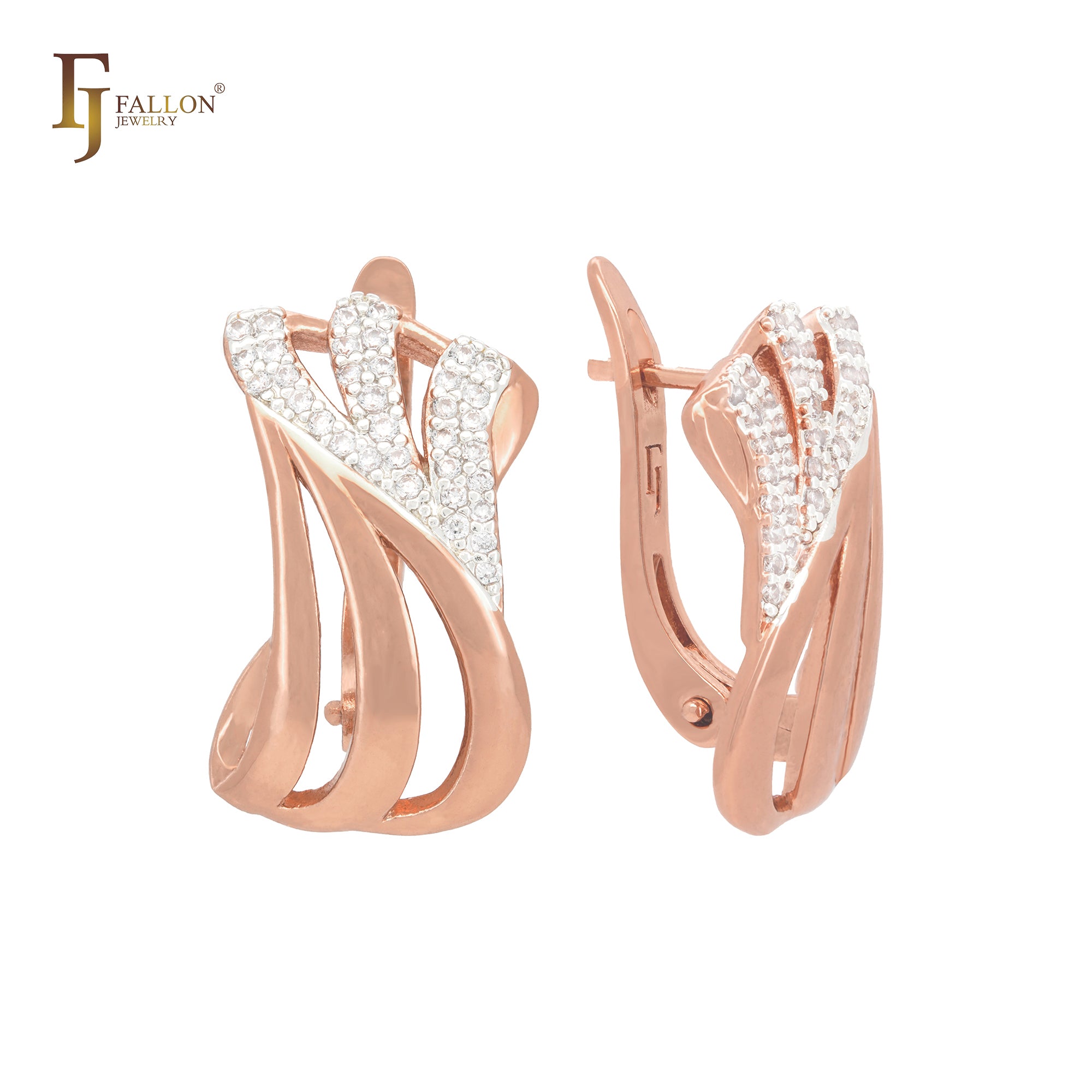 Triple rows interlocking with white CZs Rose Gold Clip-On Earrings