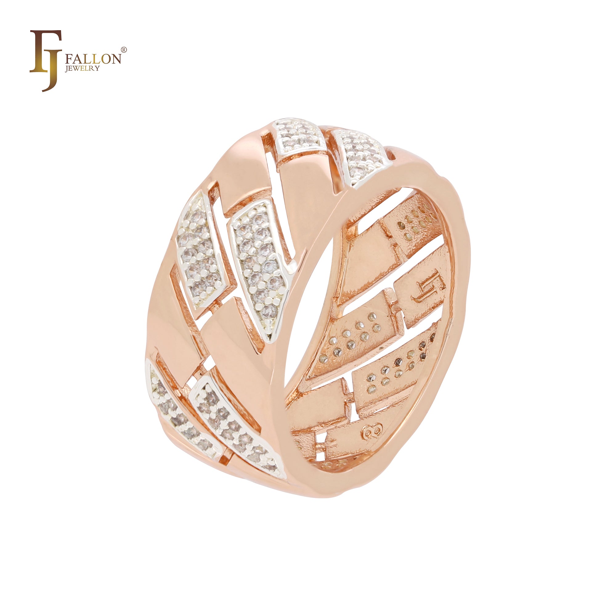 Bricks of white CZs Geometric Rose Gold two tone Fashion Rings