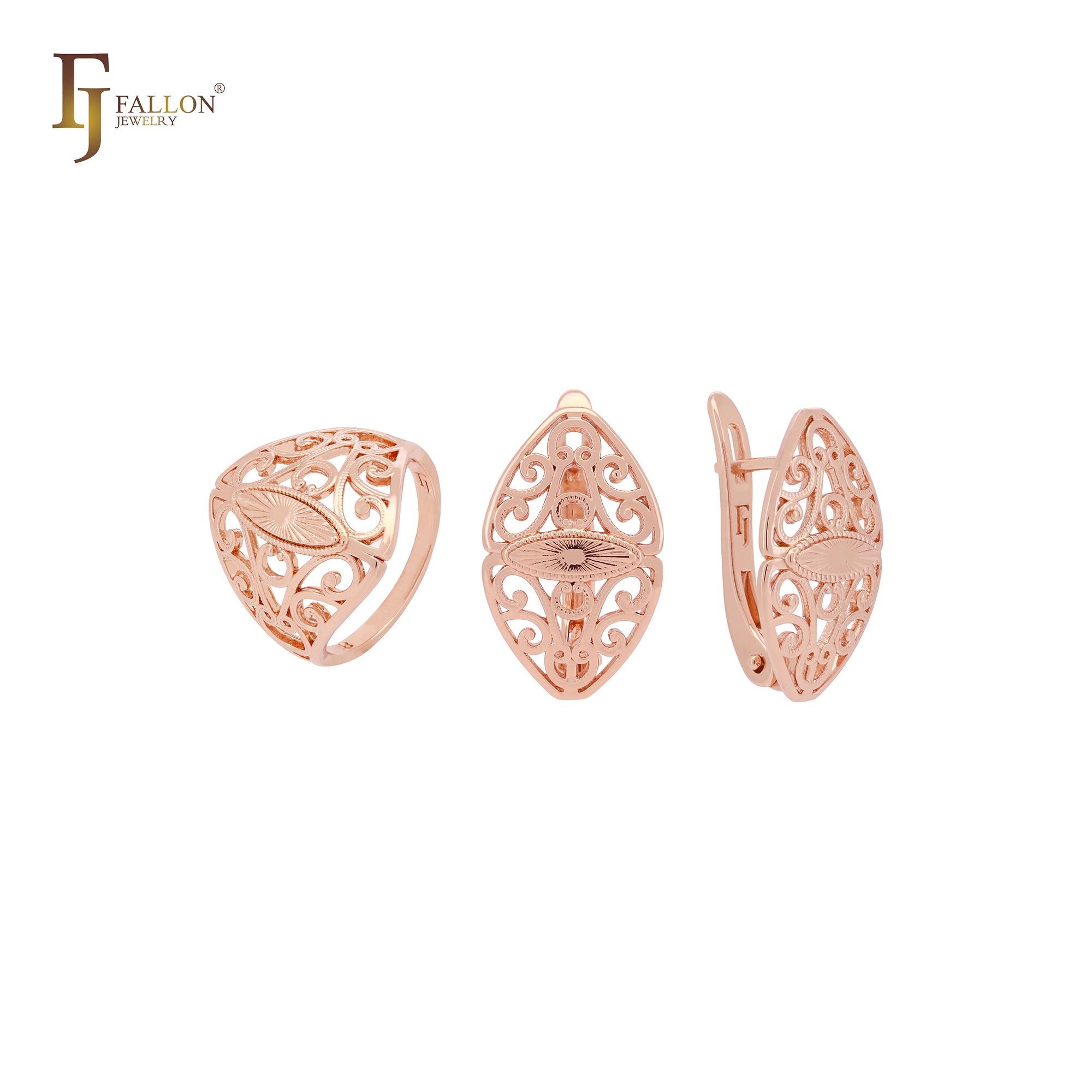 Great sunburst oval filigree Rose Gold Jewelry Set with Rings