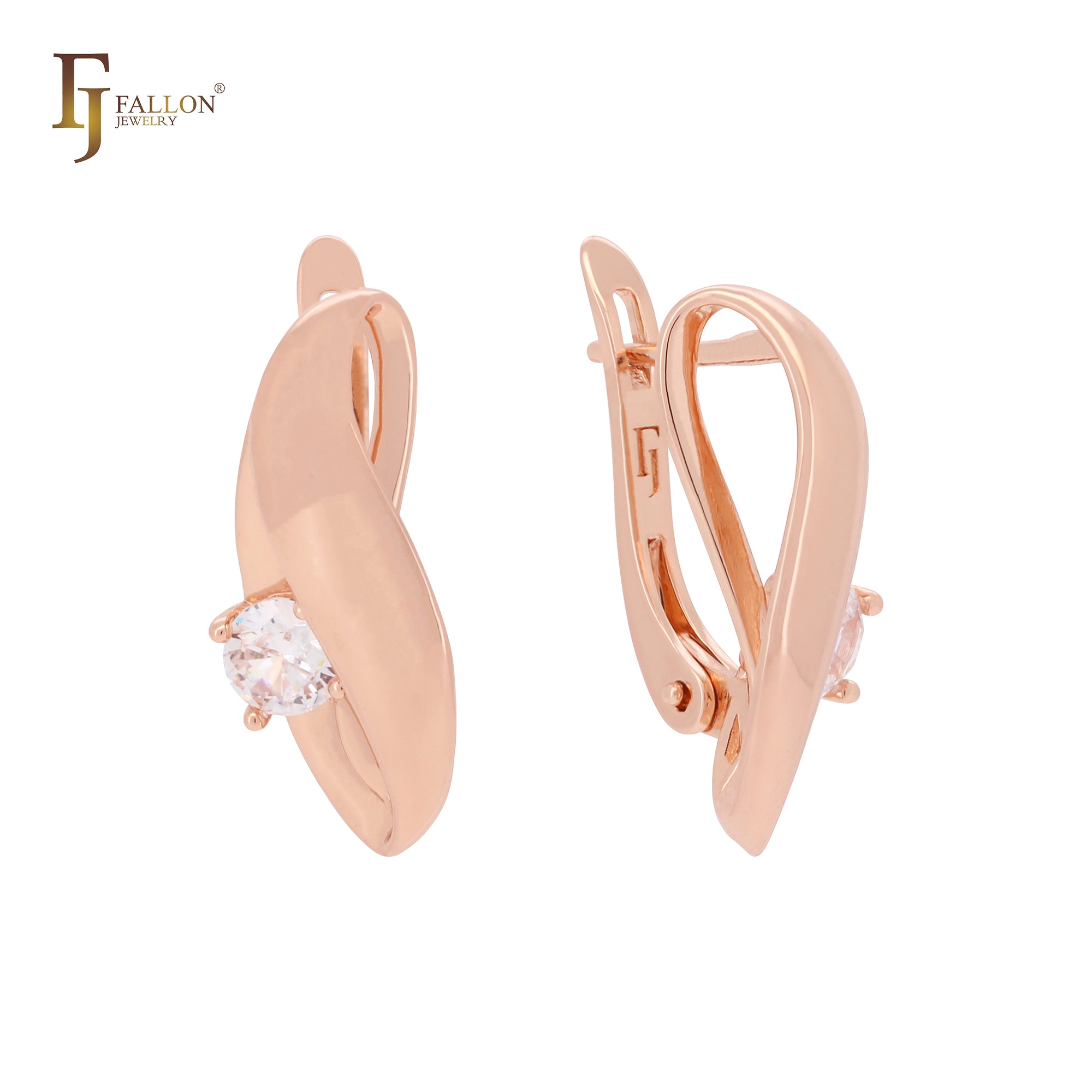 Thick ribbon curving white CZs Rose Gold Clip-On Earrings