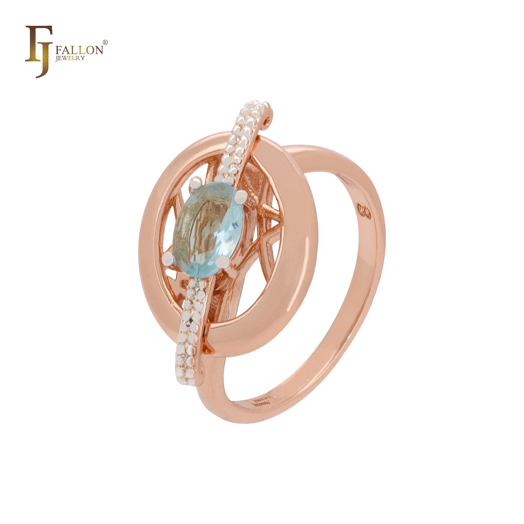 Solitaire lake blue cz ribbon crossing circle Rose Gold two tone Fashion Rings