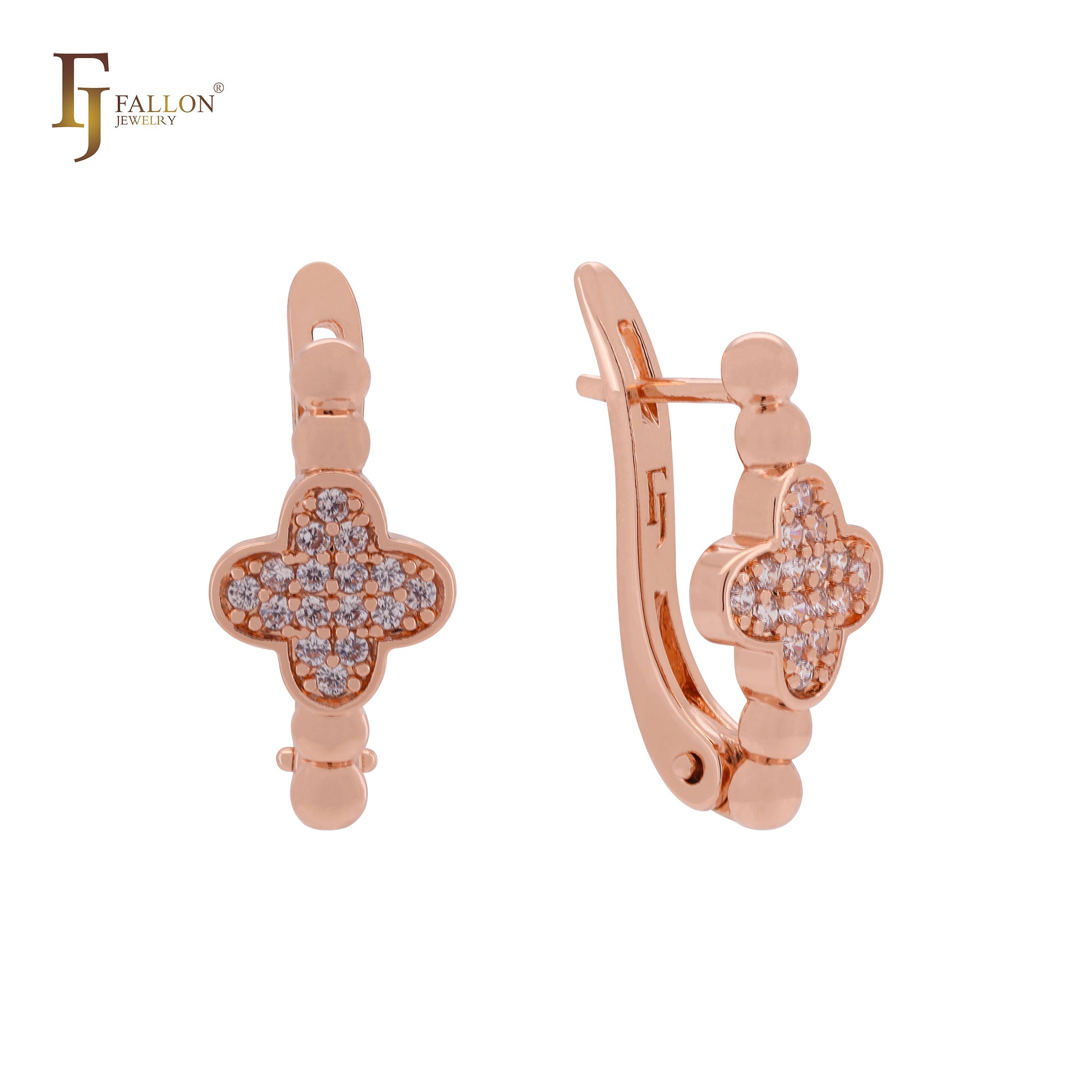 Clover of white CZs Rose Gold Clip-On Earrings