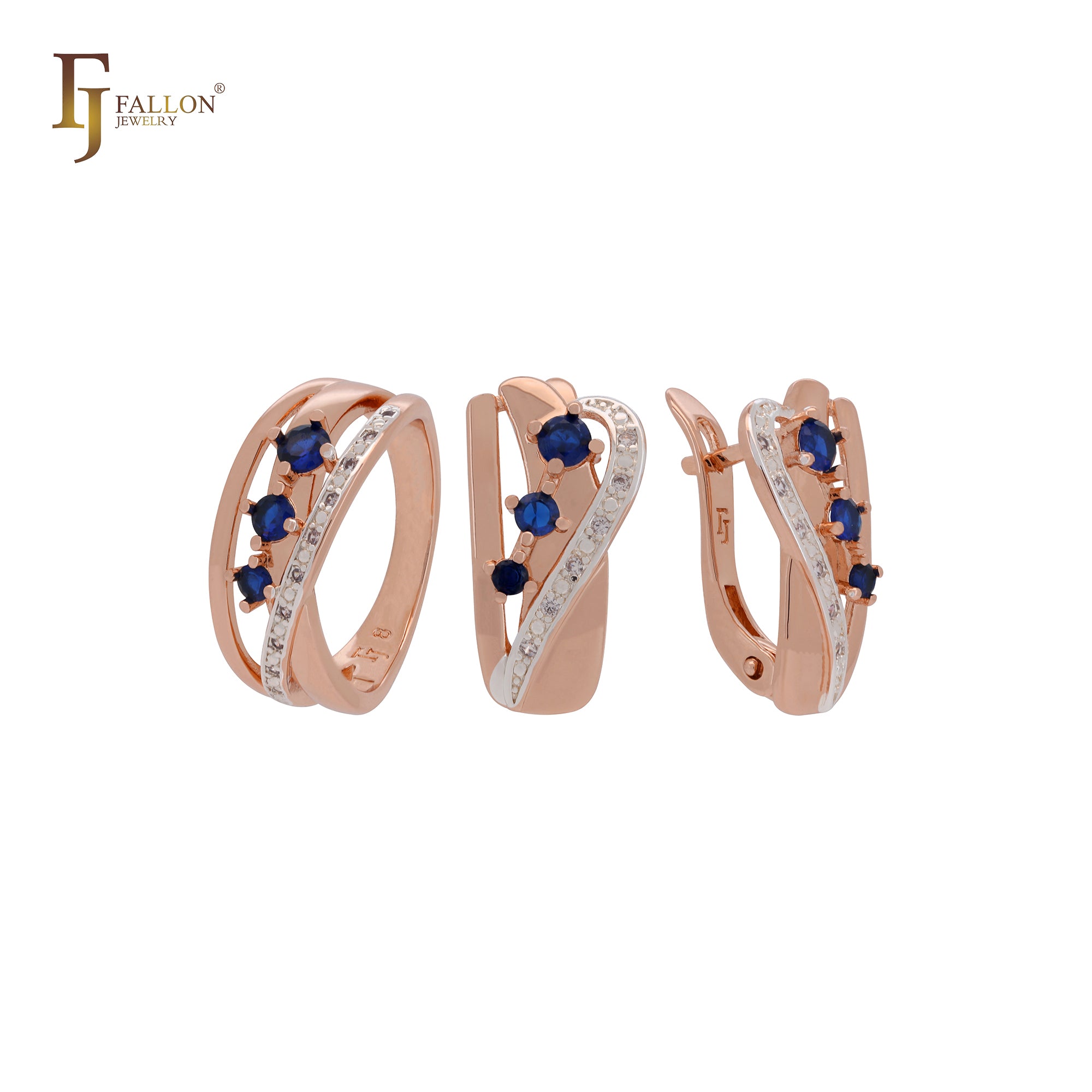 Triple blue CZs white CZs Rose Gold two tone Jewelry Set with Rings