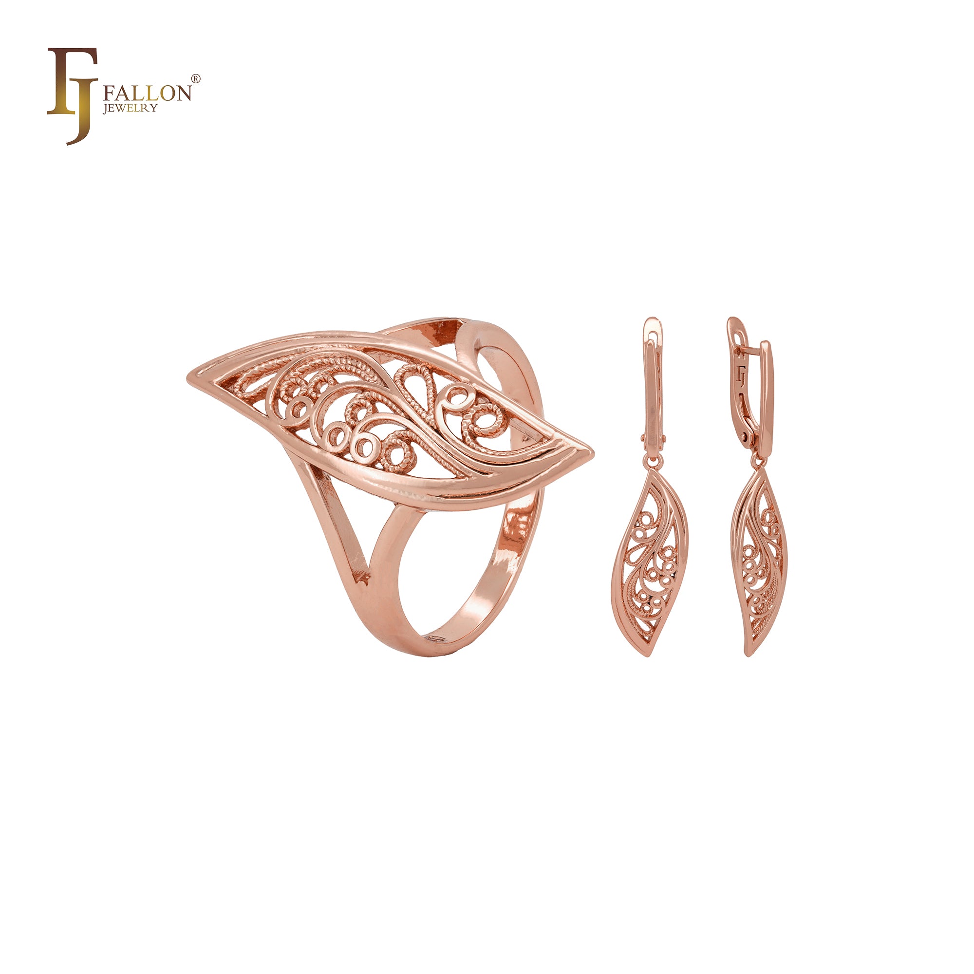 Leaves of filigree drop Rose Gold Fashion Jewelry Set with Rings