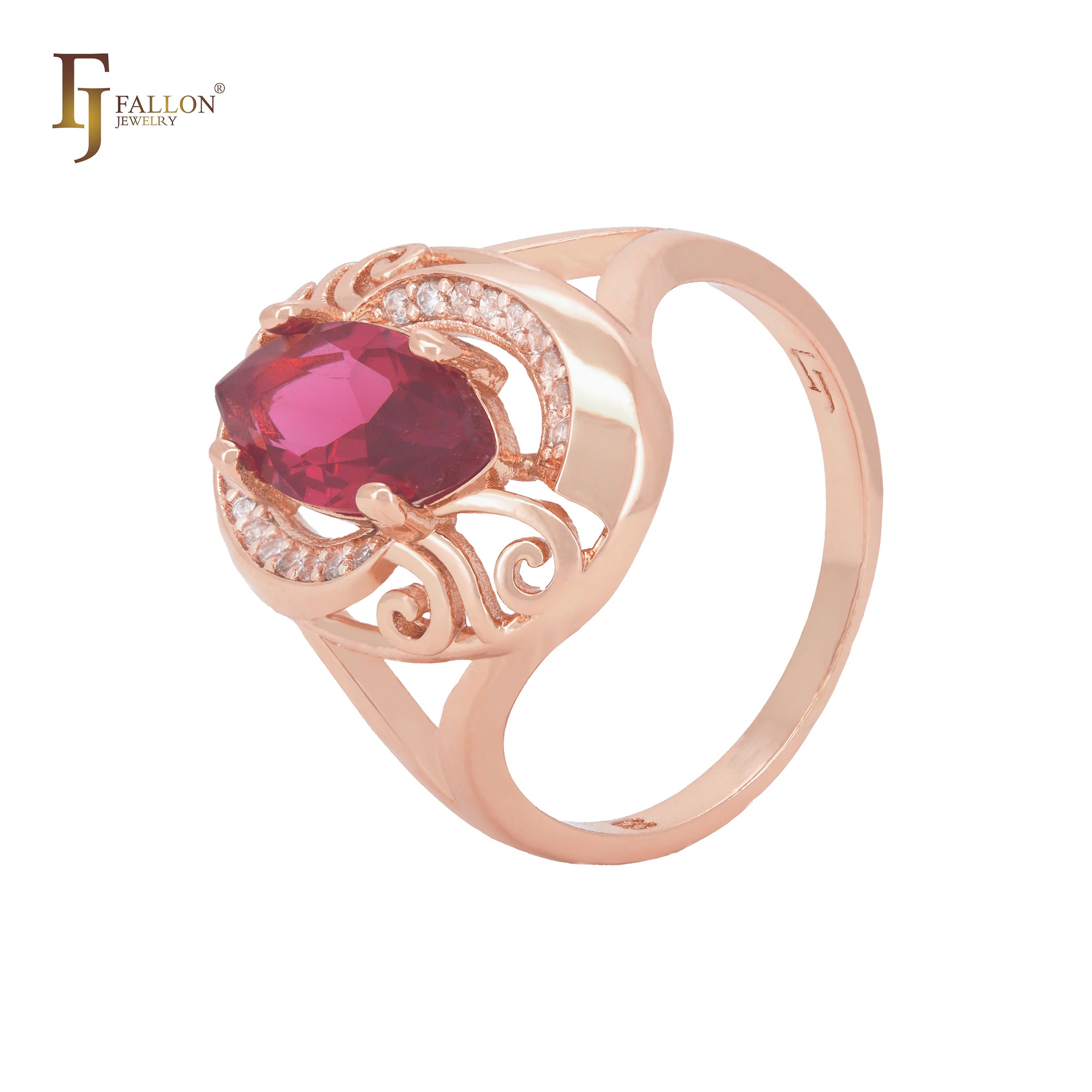 Filigree of waves with solitaire Marquise red CZ Rose Gold Fashion Rings