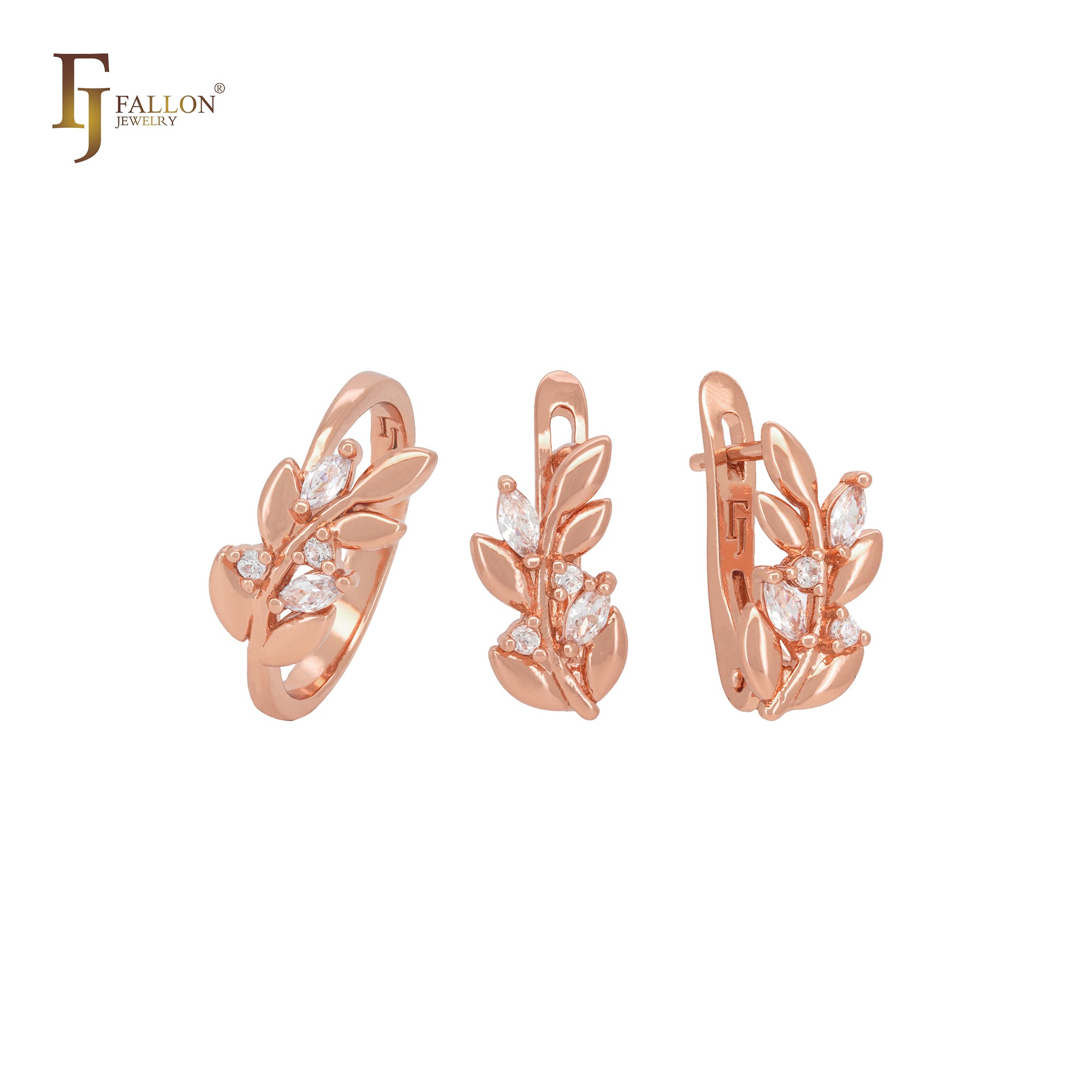 Blooming flower with cluster white CZs Rose Gold Jewelry Set with Rings