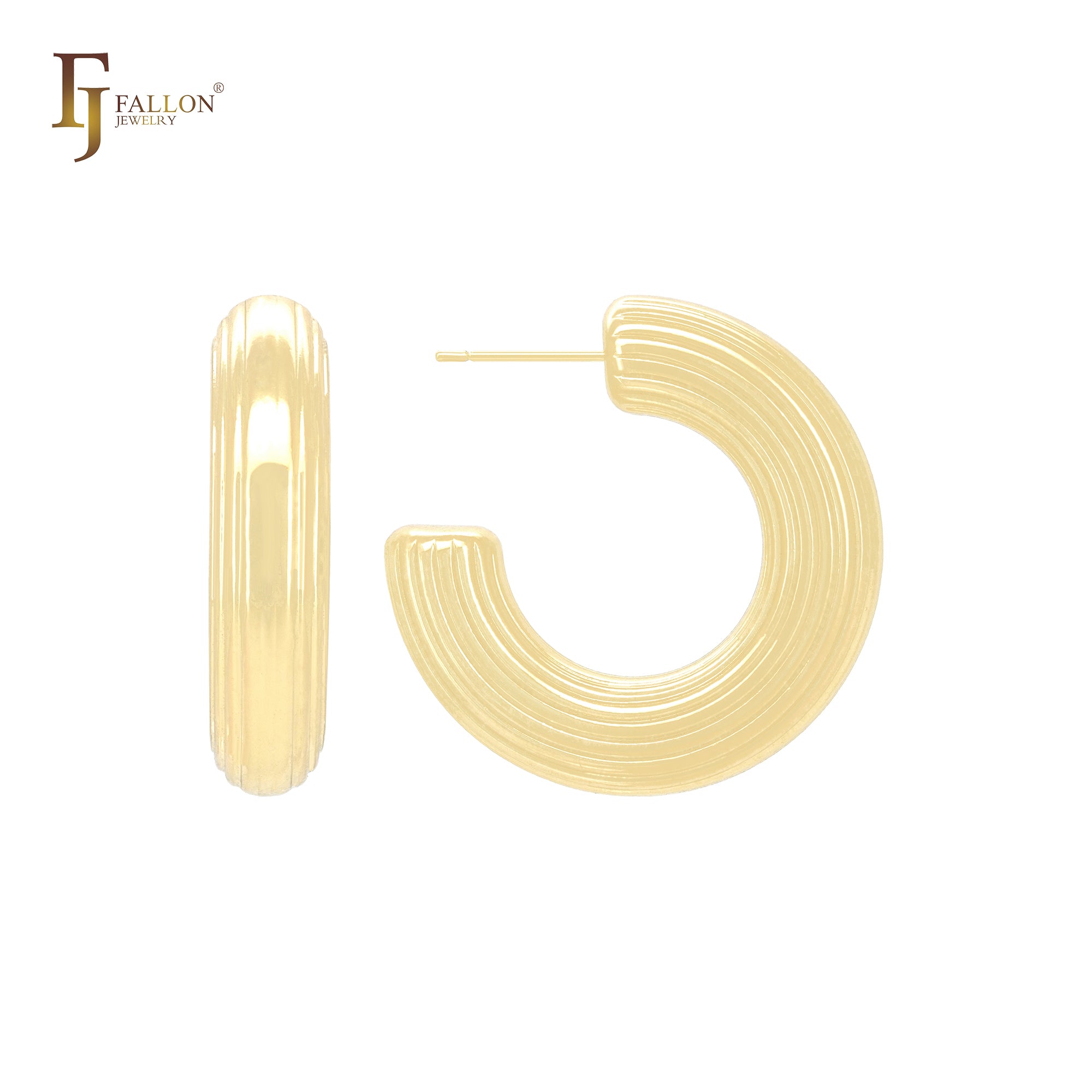 Parallel flows glossy rounded tube C Hoop 14K Gold, Rose Gold, White Gold Stud Earrings