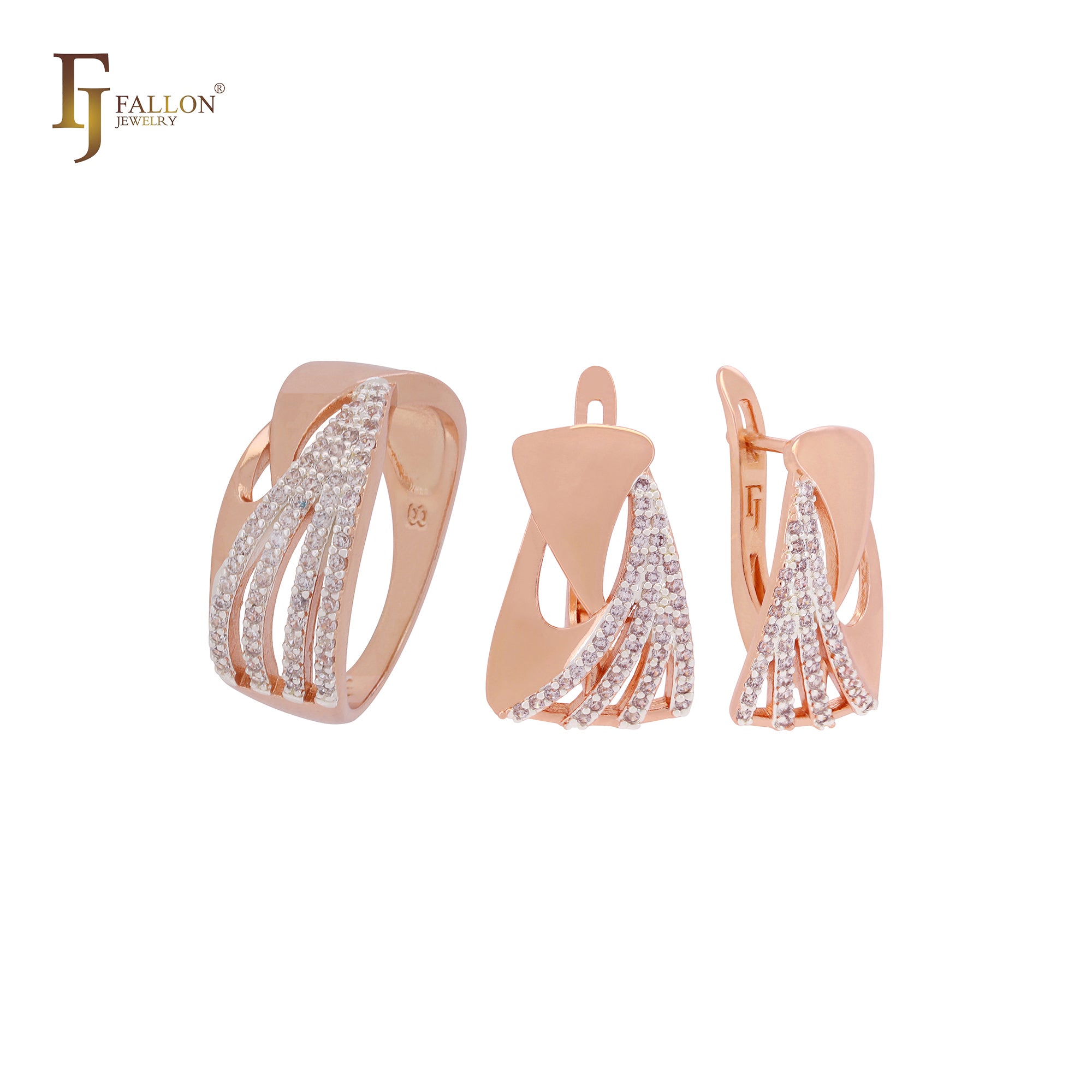 Ribbons Interlocking white CZs Rose Gold two tone Jewelry Set with Rings