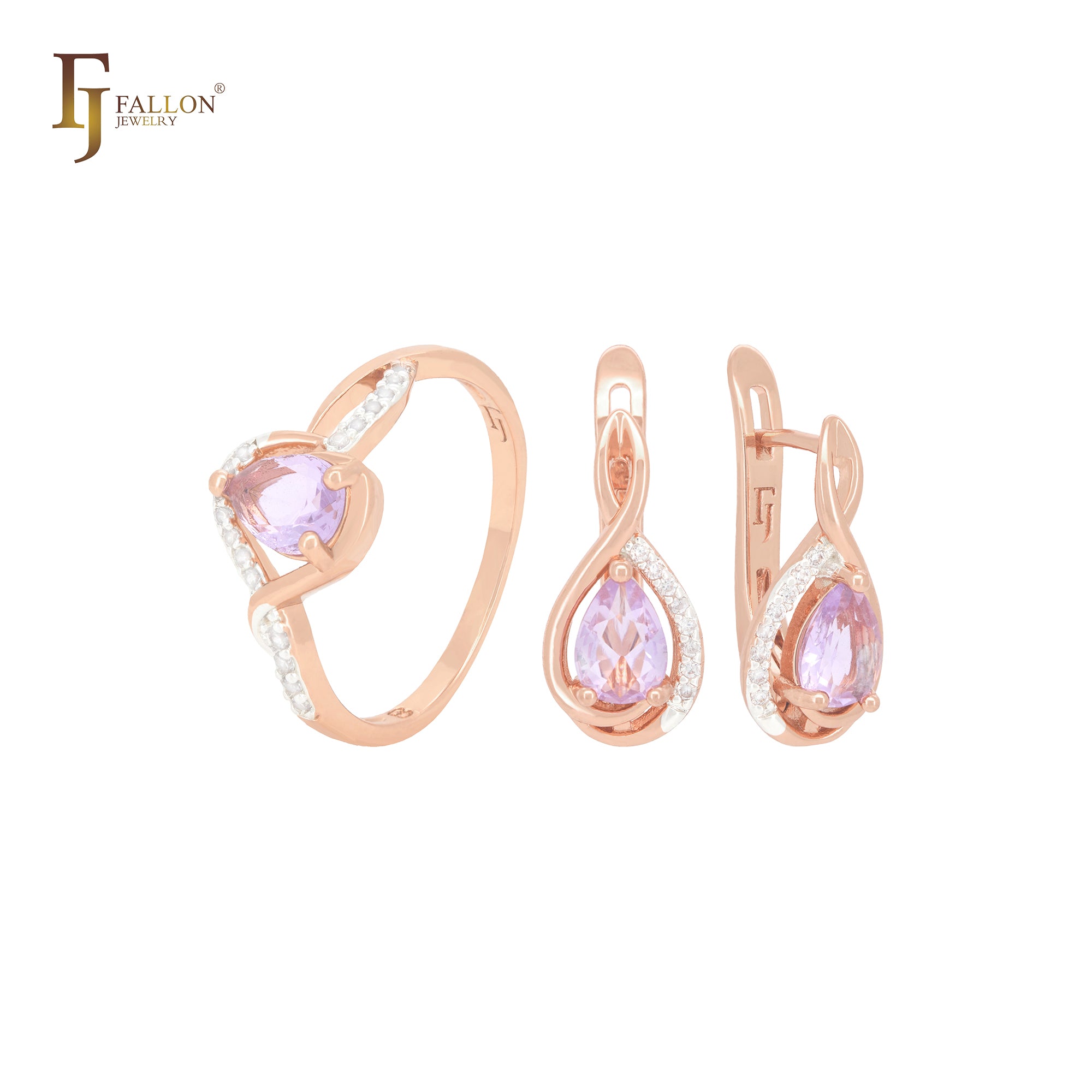 Pear shape pink purple halo solitaire CZ Rose Gold two tone Jewelry Set with Rings