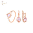 Pear shape pink purple halo solitaire CZ Rose Gold two tone Jewelry Set with Rings