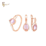 Pear shape pink purple halo solitaire CZ Rose Gold two tone Jewelry Set with Rings