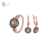 Luxurious cluster deep Apple Green CZs Rose Gold Jewelry Set with Rings