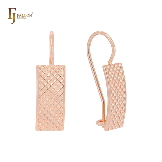 Flank of hammered rhombus textured squared flank Rose Gold Wire Hook Earrings