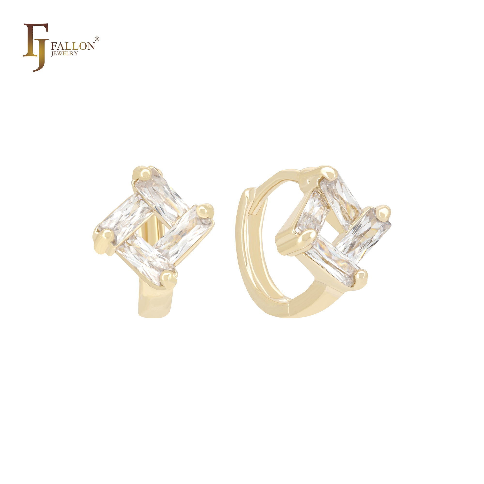 Four Baguette White CZs 14K Gold Huggies Huggie Earrings