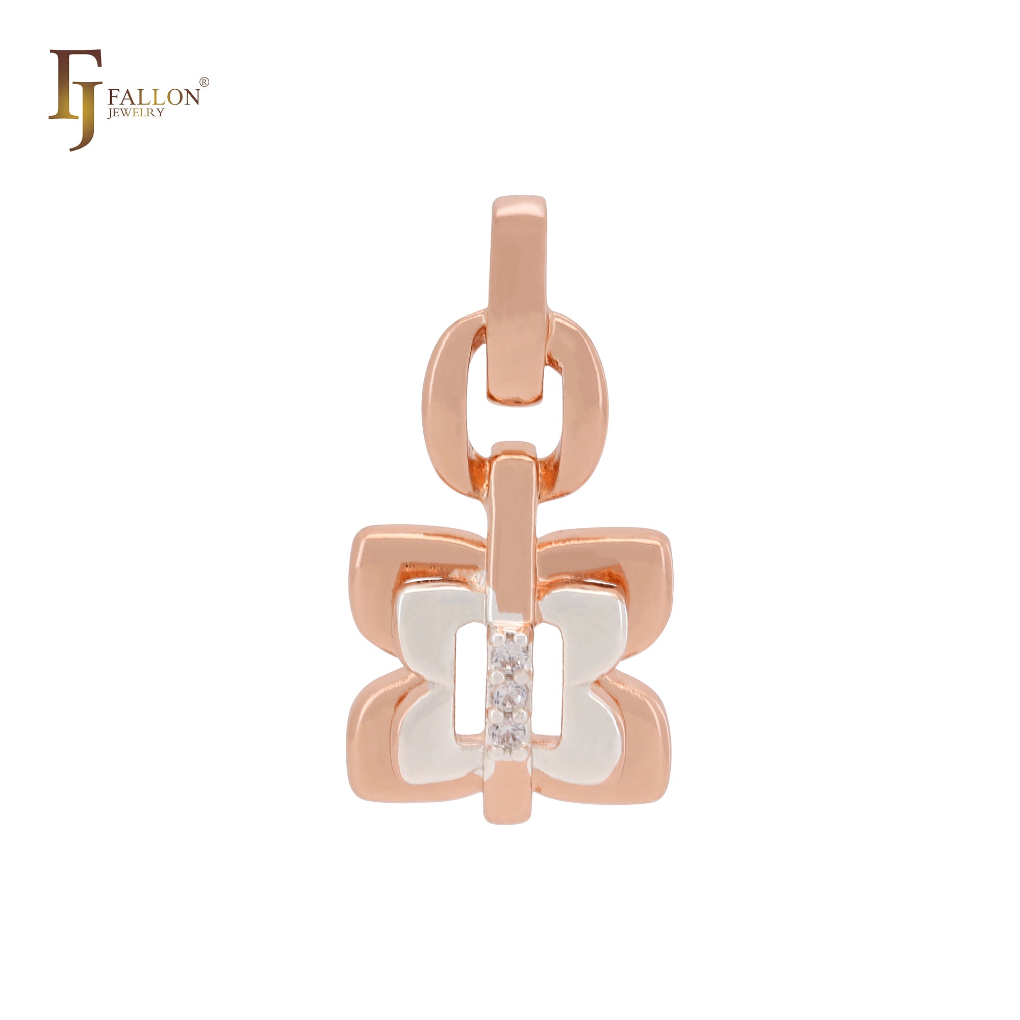 Double butterfly lock with white CZs link Rose Gold two tone Pendant