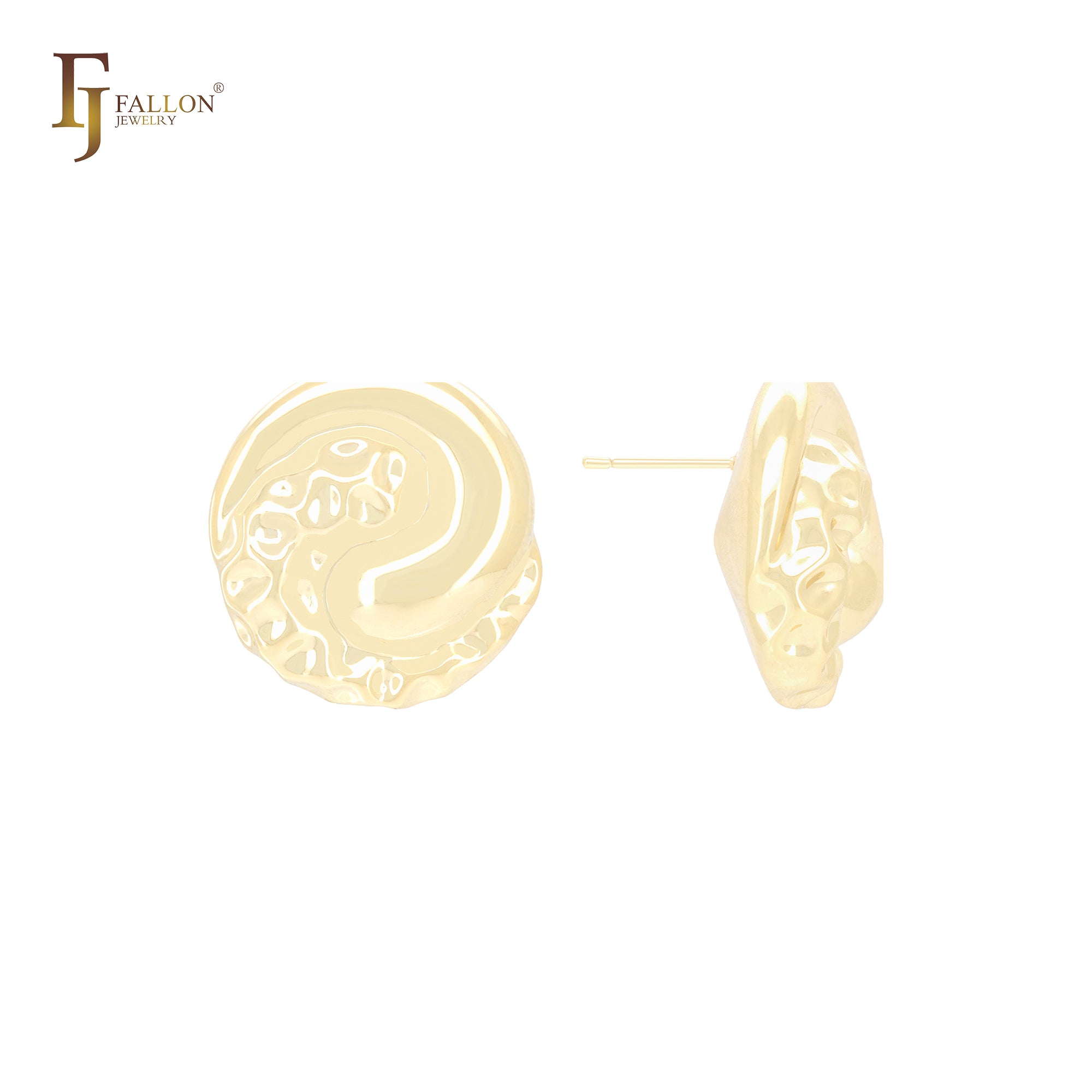 Mixed Glossy and nugget rounded disc shaped 14K Gold, Rose Gold, White Gold Stud Earrings