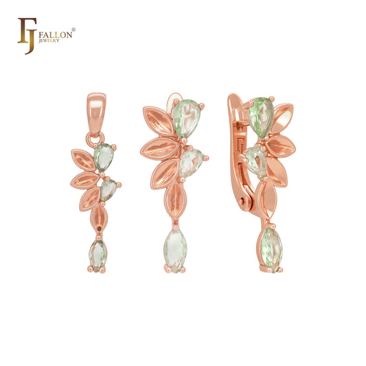 Flower and leaves of apple green CZs Rose Gold Jewelry Set with Pendant