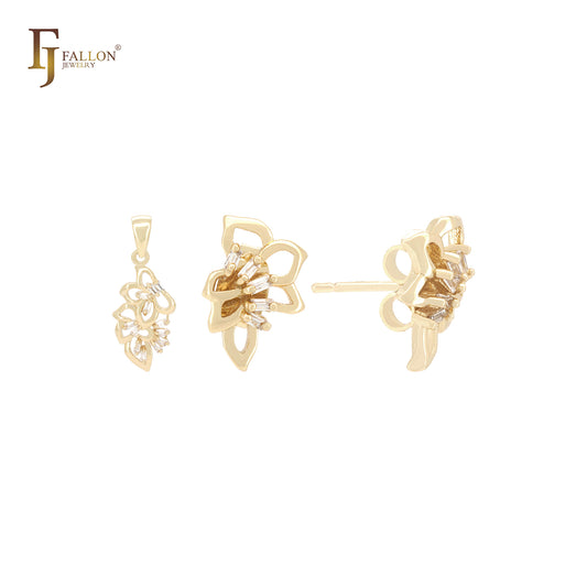 Butterfly of flower white baguette CZs 14K Gold stud earrings Jewelry Set with Pendant