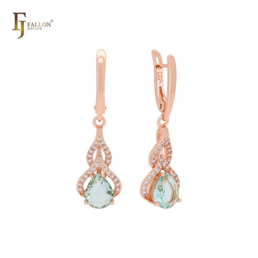 Paved white CZs with solitaire teardrop apple green CZ Rose Gold Clip-On Earrings